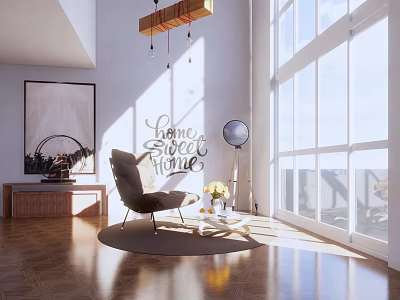 Elegant Modern Living Room Interior With Accent Chair Sunlight Large Window And Side Table 3d model