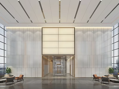 Modern Reception Desk in Spacious Bright Lobby With Floor to Ceiling Windows and Green Plants 3d model