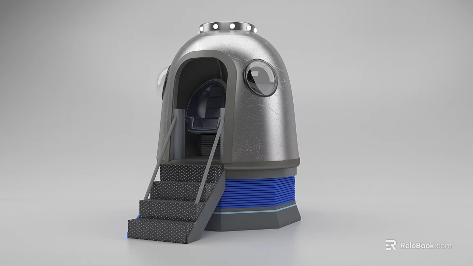 Futuristic Silver Dome Structure With Metallic Hatch Staircase And Blue Base 3d model 