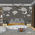 Cozy Kids Room Interior Design With Cloud Star Wallpaper Cartoon Shaped Bed And Stuffed Toy