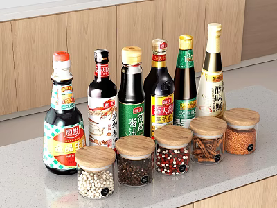 Spice and Condiment Bottles and Jars on Kitchen Counter with Wooden Cabinets and Various Spices 3d model