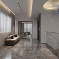 Elegant Modern Elevator Lobby Interior With Marble Floor Sofa Floor-to-Ceiling Windows And Decorative Pendant Light