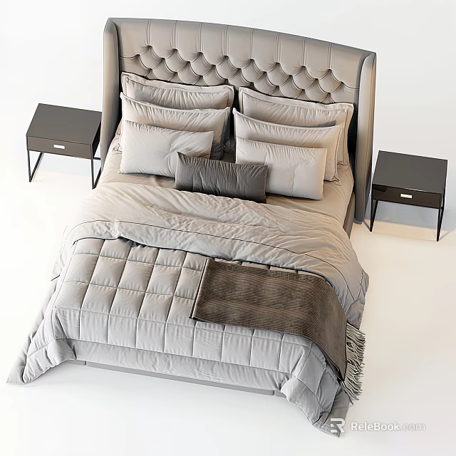 Light Gray Double Bed with Tufted Headboard Pillows Comforter Throw Blanket and Black Nightstands 3d model 