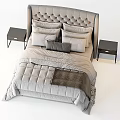 Light Gray Double Bed with Tufted Headboard Pillows Comforter Throw Blanket and Black Nightstands
