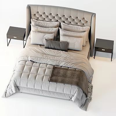 Light Gray Double Bed with Tufted Headboard Pillows Comforter Throw Blanket and Black Nightstands 3d model