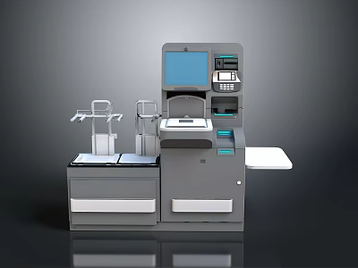 Modern Self Service Kiosk Structure With Screen Control Panel Drawers And Metal Stands 3d model