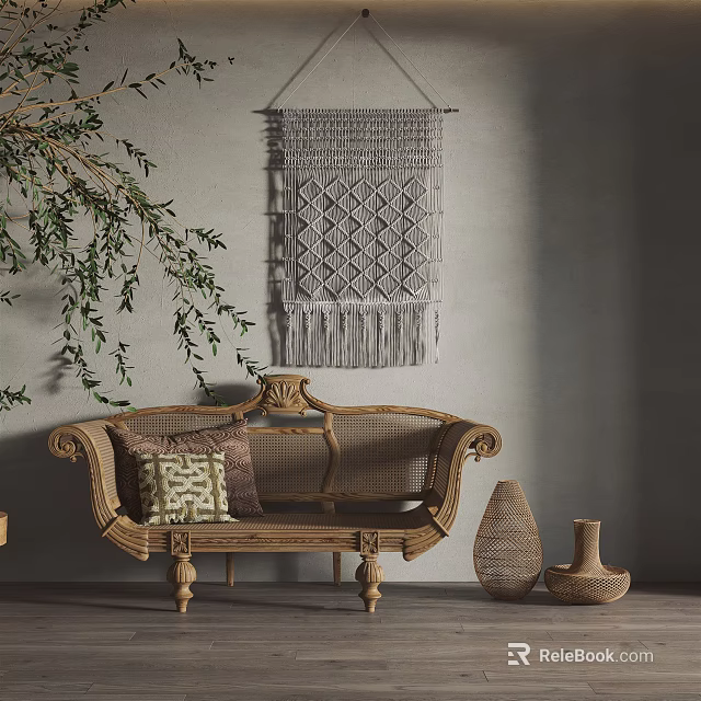 Rattan Leisure Chair With Macramé Wall Hanging Olive Branch And Woven Vases Against Gray Wall 3d model 