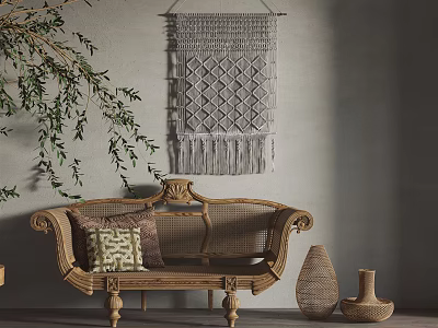 Rattan Leisure Chair With Macramé Wall Hanging Olive Branch And Woven Vases Against Gray Wall 3d model
