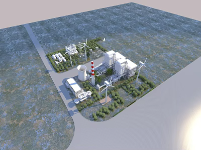 Aerial View Planning of Industrial Facility with Wind Turbines Buildings and Green Areas 3d model