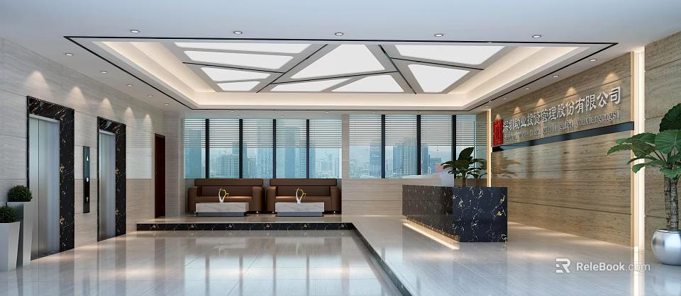 Bright Modern Office Reception Area With Marble Desk Sofa Seating And City View Windows 3d model 