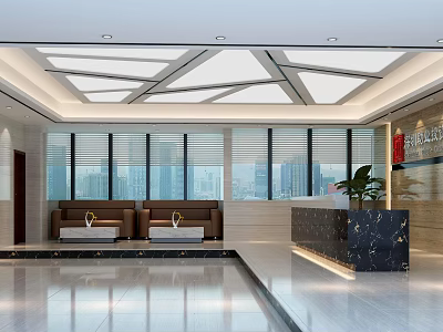 Bright Modern Office Reception Area With Marble Desk Sofa Seating And City View Windows 3d model