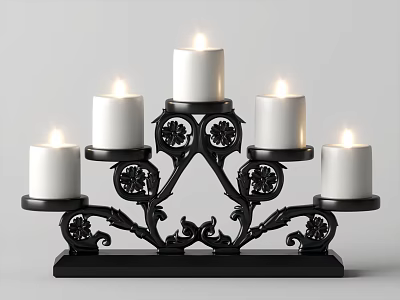 Ornate Black Metal Candle Lamp With Intricate Scrollwork Design And Five White Lit Candles 3d model