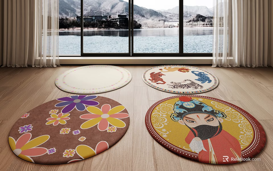 Colorful Round Rugs with Floral Animal and Traditional Figure Patterns for Home Decor 3d model 