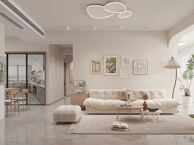 Modern Dining and Living Room Interior With Beige Sofa Wooden Coffee Table And Decorative Paintings 3d model