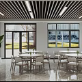 Clean Cafeteria Interior With White Tables Chairs Marble Floor Wooden Ceiling Linear Lights And Posters