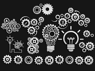 Abstract Illustration Featuring Gears Light Bulbs And Icons On Black Background 3d model