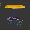 Outdoor Furniture Set With Yellow Umbrella Round Table And Colorful Chairs With Blue Legs