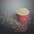 Fresh Popcorn in Red Striped Paper Cup with Scattered Pieces on Dark Background
