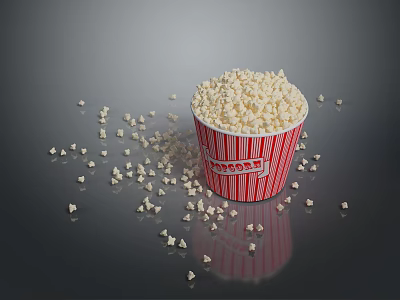 Fresh Popcorn in Red Striped Paper Cup with Scattered Pieces on Dark Background 3d model