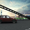 Blue BMW SUV Climbing Outdoor Test Ramp in Scenic Sky Background