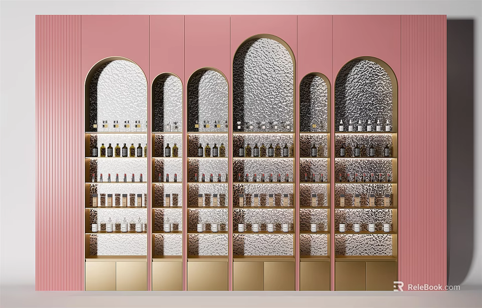 Stylish Display Shelves With Arched Design On Pink Background Displaying Bottles And Jars 3d model 