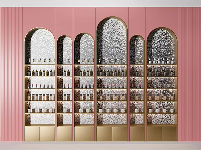 Stylish Display Shelves With Arched Design On Pink Background Displaying Bottles And Jars 3d model