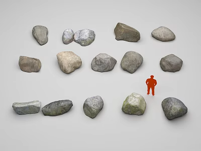 Natural Stones in Various Shapes and Sizes Displayed with Red Figure on Gray Background 3d model