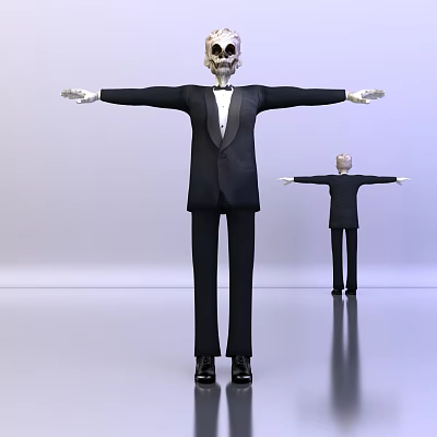 Game Movie Character Skeleton Head Wearing Black Suit with Arms Outstretched and Two Figures 3d model