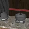 Modern Kitchen Appliance Gas Stove With Stainless Steel Pots Kettle On Marble Countertop