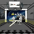 Public Office Space With Black White Checkered Floor Yellow Warning Stripes Tables Chairs And Screens