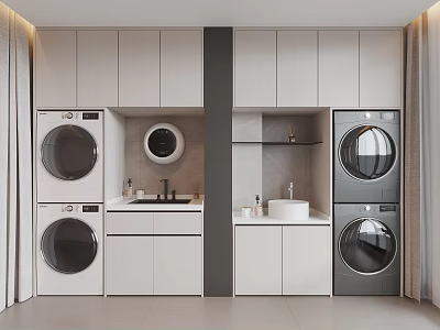 Modern White Bathroom Cabinetry With Washer Dryer Sink Mirror And Storage Shelf 3d model