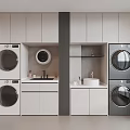 Modern White Bathroom Cabinetry With Washer Dryer Sink Mirror And Storage Shelf