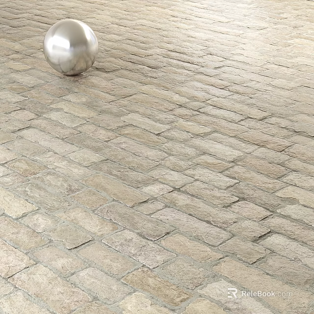 Natural Stone Brick Floor With Neatly Arranged Pattern And Decorative Silver Sphere 3d model 