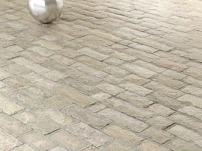 Natural Stone Brick Floor With Neatly Arranged Pattern And Decorative Silver Sphere 3d model