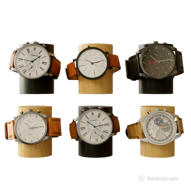 Stylish Analog Watches With Brown Black Leather Straps And Roman Numeral Dials 3d model 