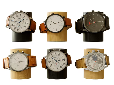 Stylish Analog Watches With Brown Black Leather Straps And Roman Numeral Dials 3d model