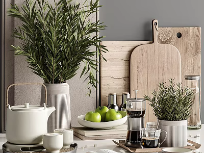 Modern Kitchenware Display With White Teapot Green Apples Coffee Maker And Wooden Cutting Boards 3d model