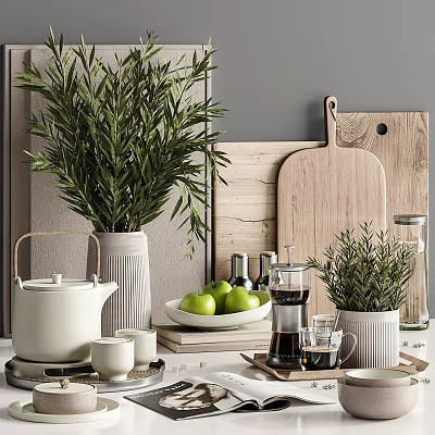 Modern Kitchenware Display With White Teapot Green Apples Coffee Maker And Wooden Cutting Boards 3d model