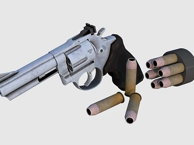 Classic Silver Revolver Handgun With Cylinder And Scattered Bullets On White Background 3d model