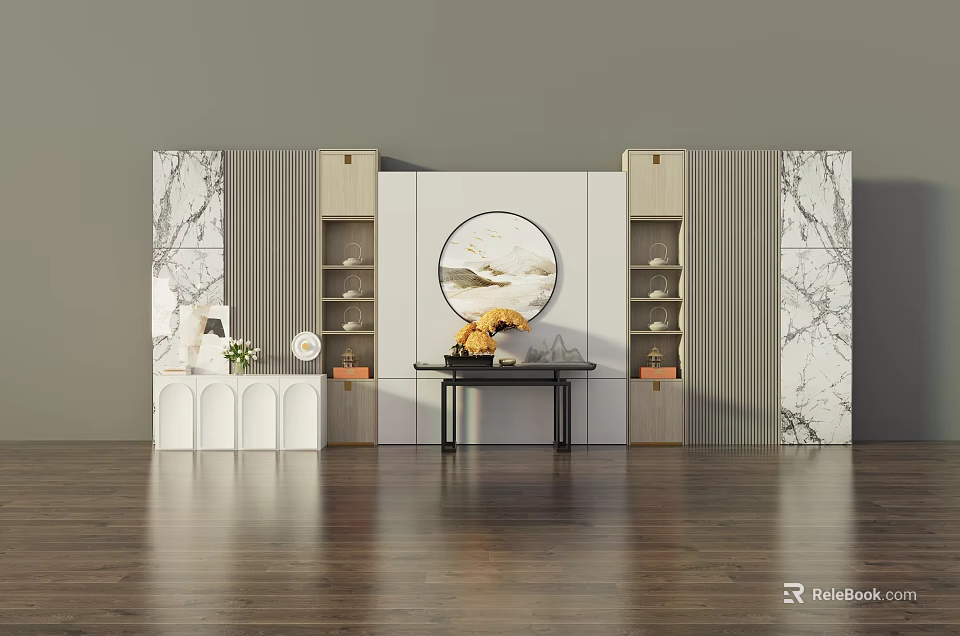 Elegant Modern Console Table With Marble Wall Circular Artwork And Display Shelves 3d model