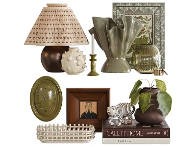 Stylish Decorative Ornament Set With Lampshade Vase Picture Frame Clock Plant And Books 3d model
