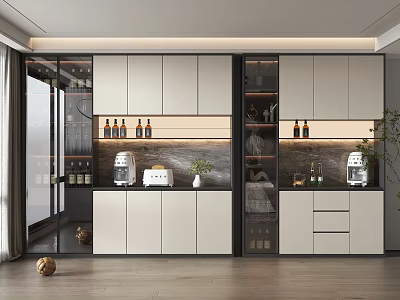 Modern Wine Cabinet With Glass Doors LED Lighting And Wine Bottle Storage 3d model