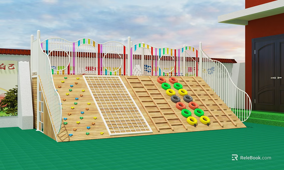 Kindergarten Outdoor Playground With Wooden Climbing Frames Colorful Rings White Fence And Green Floor 3d model 