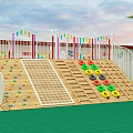 Kindergarten Outdoor Playground With Wooden Climbing Frames Colorful Rings White Fence And Green Floor
