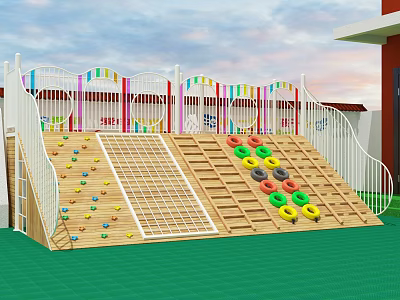 Kindergarten Outdoor Playground With Wooden Climbing Frames Colorful Rings White Fence And Green Floor 3d model