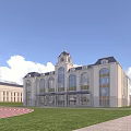 Modern School Building With Clock Tower Large Windows Green Lawn And Track Field 3d model