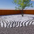 Stylish Courtyard Garden Design With Central Tree Fingerprint Pattern Wooden Borders And Black Gravel Surface