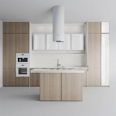 Modern Kitchen Interior Featuring Light Wood Cabinets Island White Countertop Range Hood And Oven 3d model