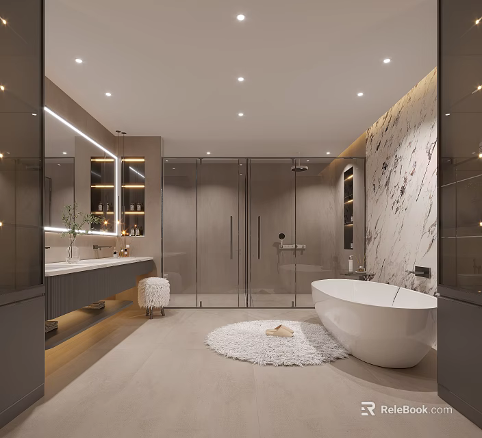 Modern Bathroom Interior Design With Free standing Bathtub Glass Shower And Marble Wall 3d model 