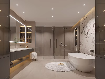 Modern Bathroom Interior Design With Free standing Bathtub Glass Shower And Marble Wall 3d model